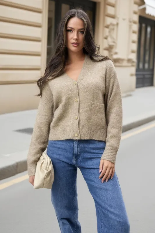 Oatmeal Pocket Detail Knitted Cardigan sold by AX Paris