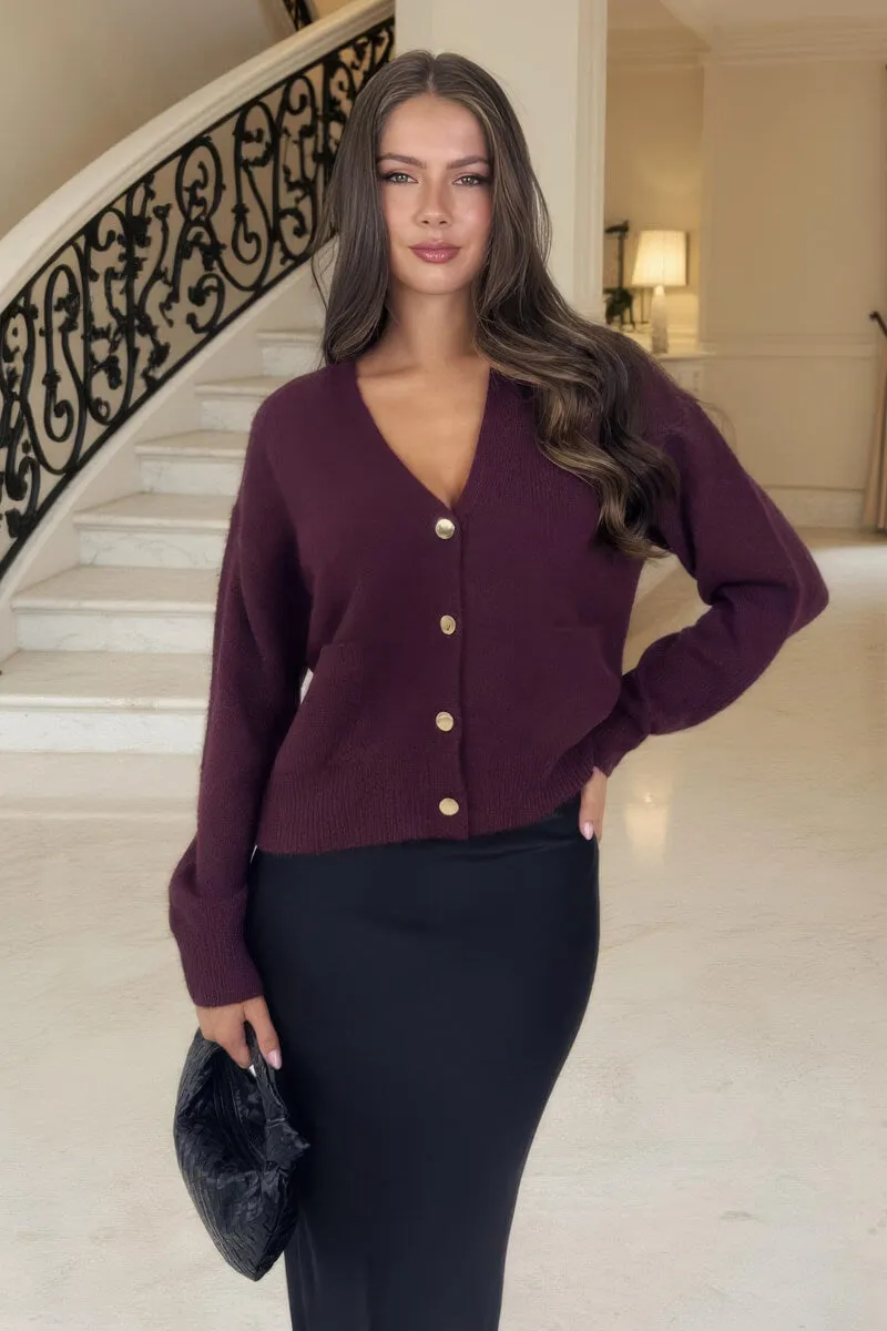 Burgundy Pocket Detail Knitted Cardigan sold by AX Paris