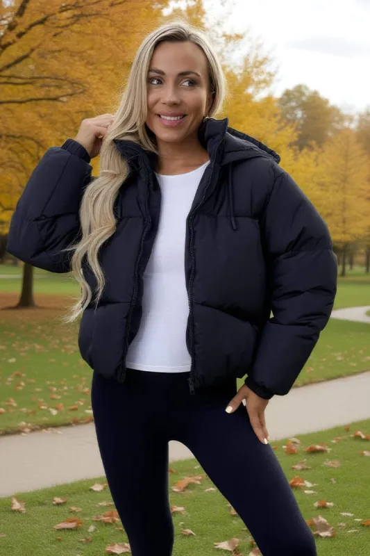 Black Drawstring Hood Short Puffer Coat sold by AX Paris