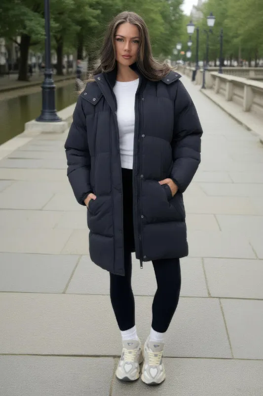 Black Hooded Longline Puffer Coat sold by AX Paris