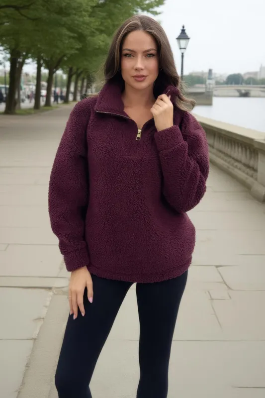 Burgundy 1/4 Zip Teddy Sweatshirt sold by AX Paris