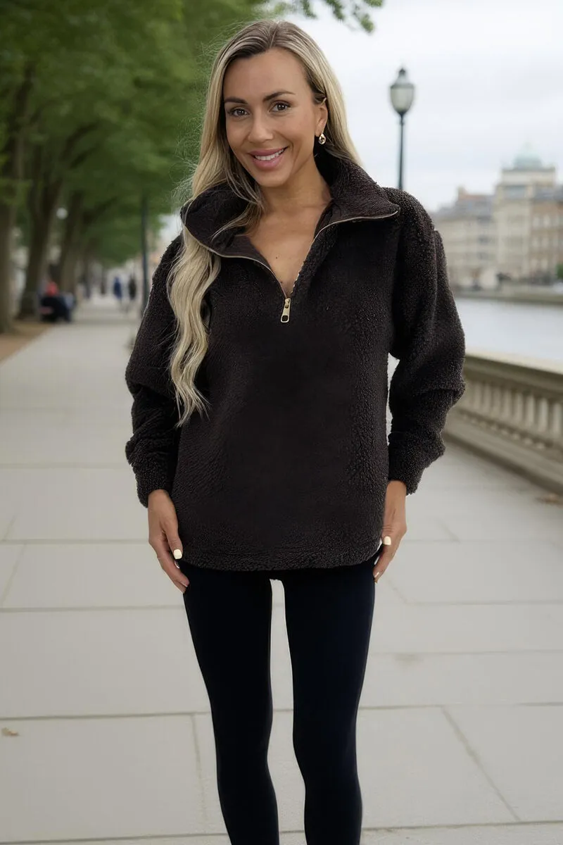 Chocolate 1/4 Zip Teddy Sweatshirt sold by AX Paris product image thumbnail 3