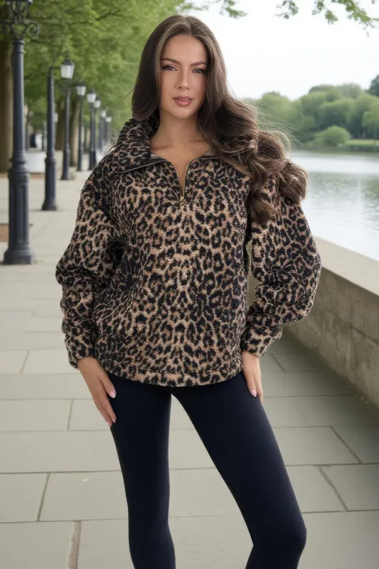 Leopard Print 1/4 Zip Teddy Sweatshirt sold by AX Paris
