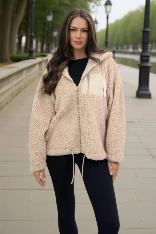 Oatmeal Pocket Detail Hooded Teddy Jacket sold by AX Paris