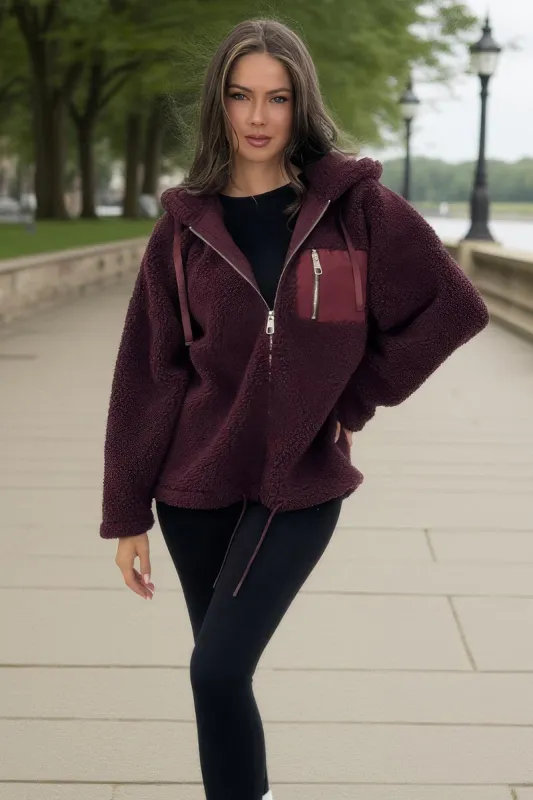 Burgundy Pocket Detail Hooded Teddy Jacket made by AX Paris