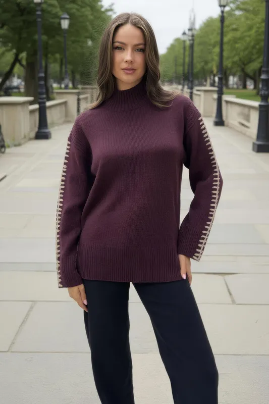 Burgundy Mock Neck Blanket Stitch Detail Jumper sold by AX Paris