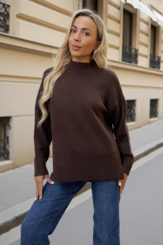 Chocolate Mock Neck Split Hem Jumper sold by AX Paris
