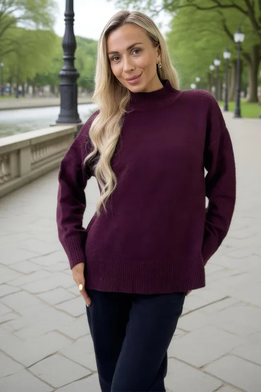 Burgundy Mock Neck Split Hem Jumper sold by AX Paris