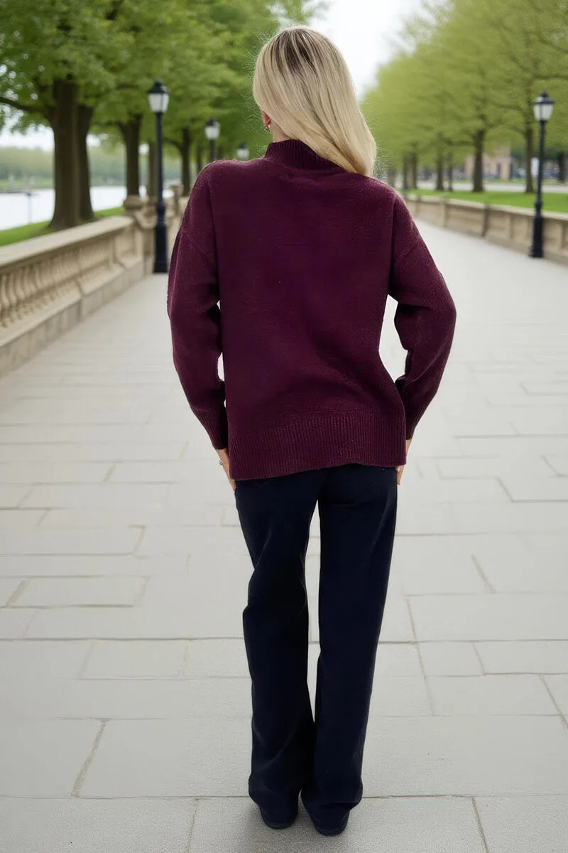 Burgundy Mock Neck Split Hem Jumper sold by AX Paris product image thumbnail 5