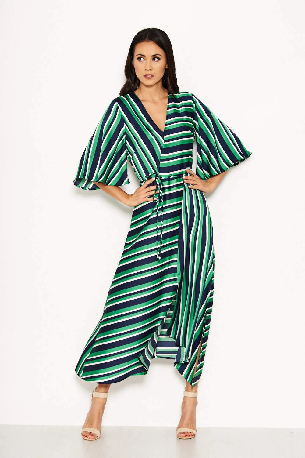 Green Striped Wrap Over Dress sold by AX Paris