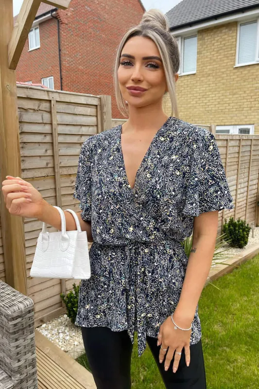 Navy Ditsy Print Wrap Short Sleeve Belted Top sold by AX Paris