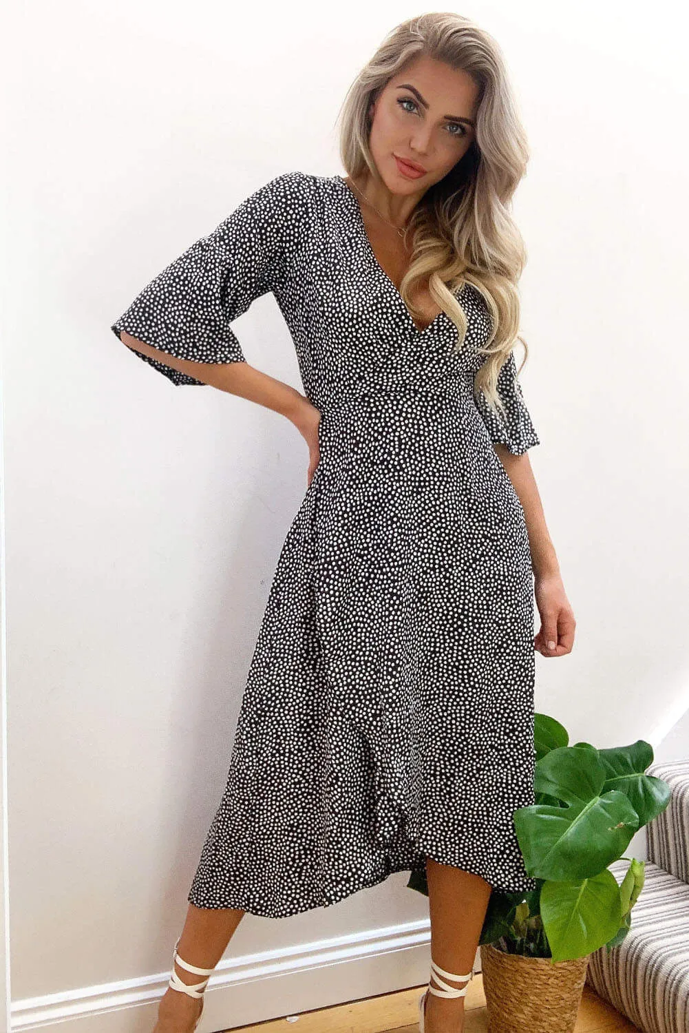 Black Polka Dot Frill Wrap Midi Dress sold by AX Paris