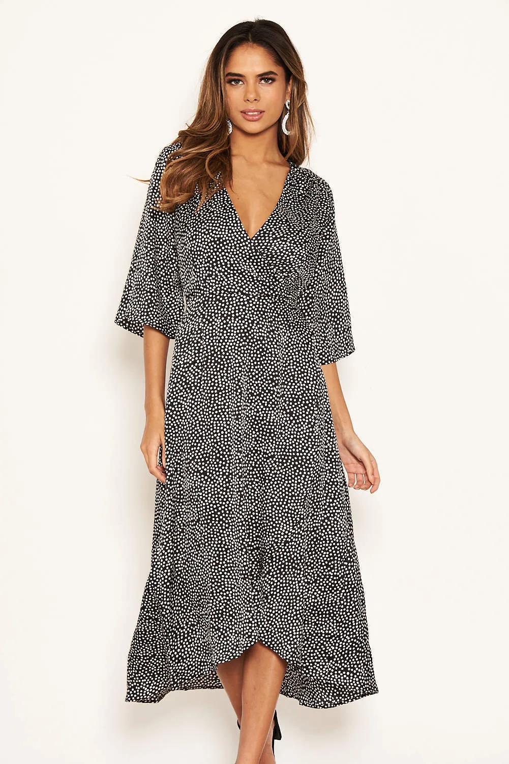 Black Polka Dot Frill Wrap Midi Dress sold by AX Paris product image thumbnail 3