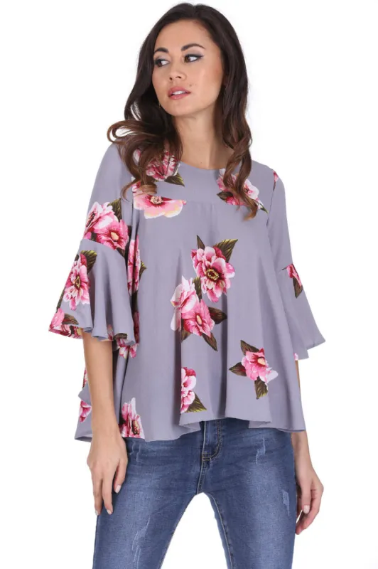 Grey Floral Frilled Sleeved Top sold by AX Paris