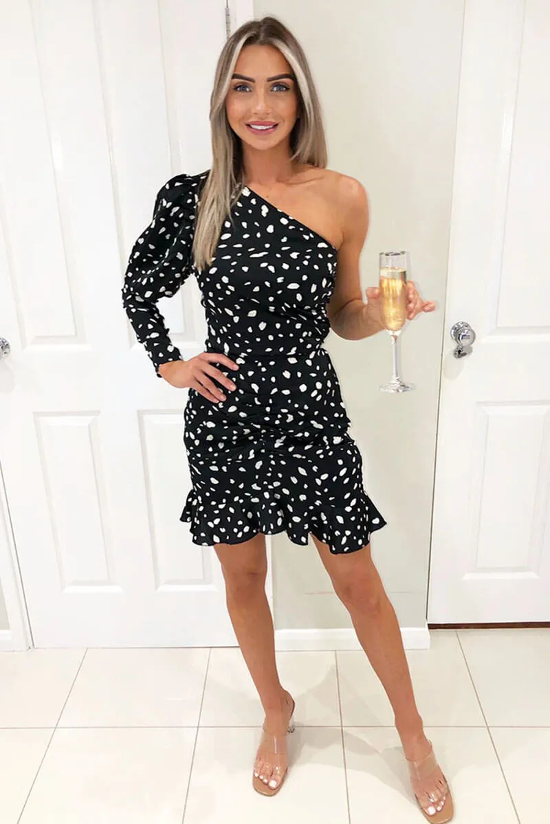Black Spotty One Shoulder Frill Dress sold by AX Paris product image thumbnail 2