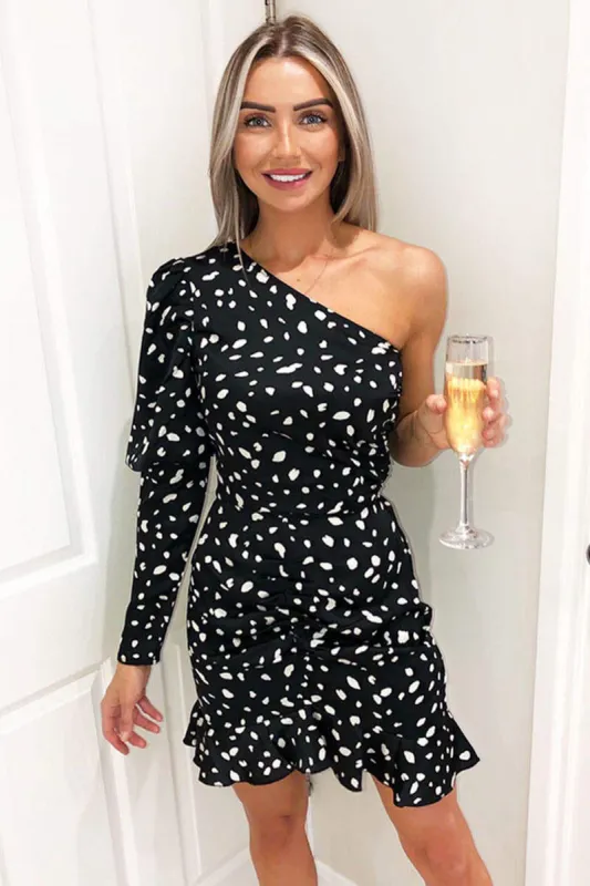 Black Spotty One Shoulder Frill Dress sold by AX Paris