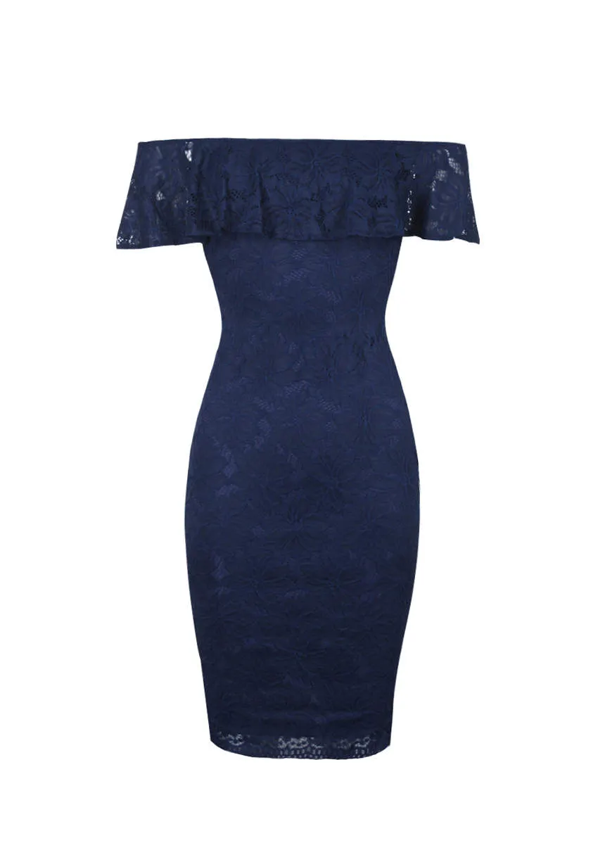 Navy Ruffled Off The Shoulder Lace Midi Dress sold by AX Paris product image thumbnail 4