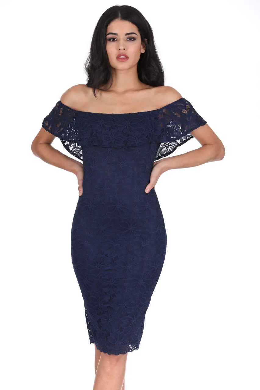 Navy Ruffled Off The Shoulder Lace Midi Dress sold by AX Paris