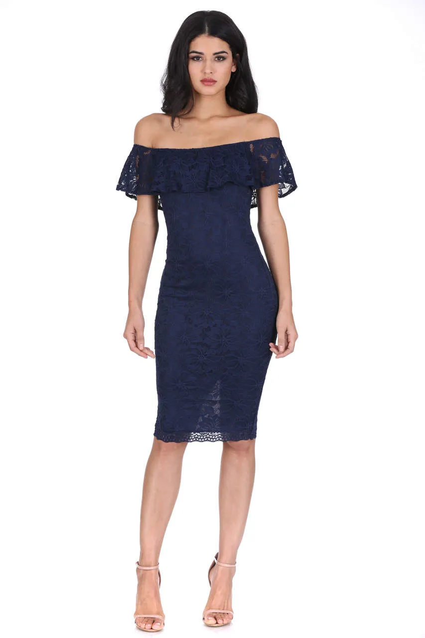 Navy Ruffled Off The Shoulder Lace Midi Dress sold by AX Paris product image thumbnail 2
