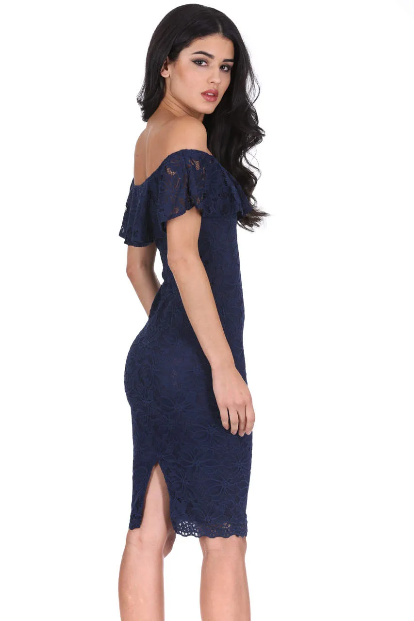 Navy Ruffled Off The Shoulder Lace Midi Dress sold by AX Paris product image thumbnail 3