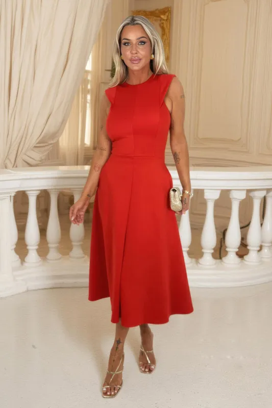 Red Round Neck A-line Skirt Midi Dress made by AX Paris