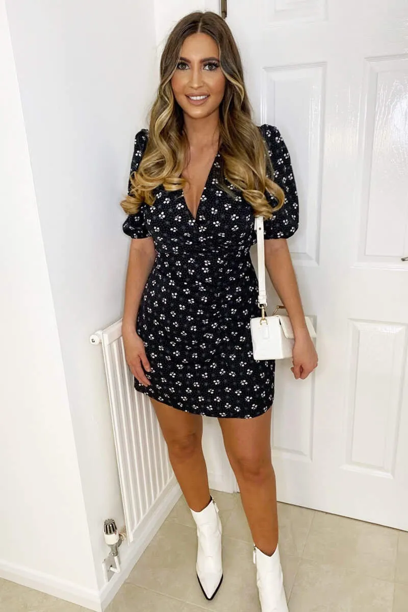 Black Ditsy Floral and Spot Pleat Wrap Dress sold by AX Paris product image thumbnail 4