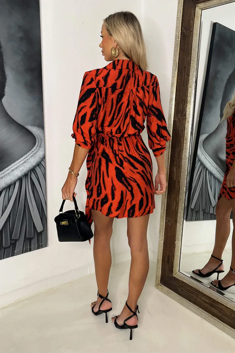 Orange Tiger Print Tie Waist Wrap Shirt Mini Dress sold by AX Paris product image thumbnail 2