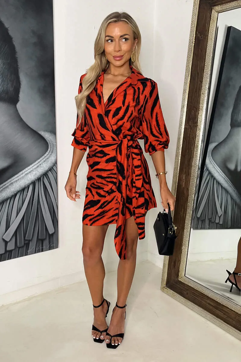 Orange Tiger Print Tie Waist Wrap Shirt Mini Dress sold by AX Paris product image thumbnail 3
