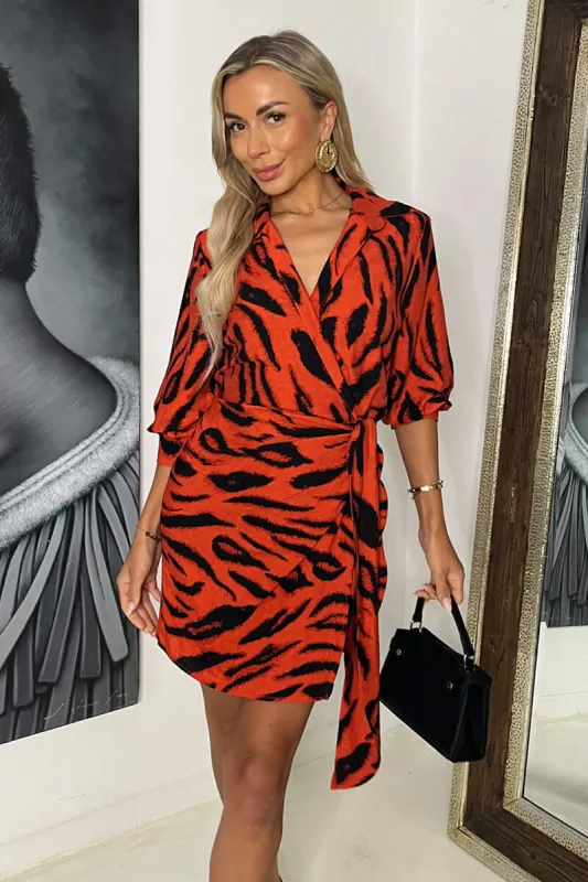 Orange Tiger Print Tie Waist Wrap Shirt Mini Dress sold by AX Paris