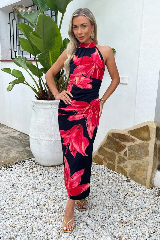 Black And Coral Red Floral Print Halter Neck Midi Dress sold by AX Paris