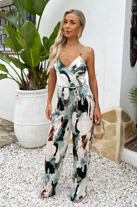 Multi Smudge Print Strappy Cowl Neck Jumpsuit made by AX Paris