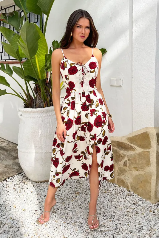 Cream Rose Printed Lace-Up Front Strappy Midi Dress sold by AX Paris