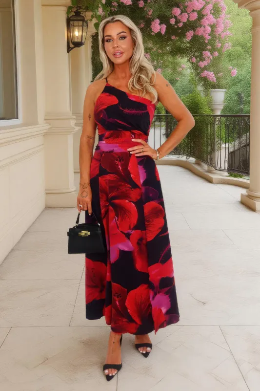 Multi Floral Print One Shoulder Ruched Waist Midi Dress sold by AX Paris