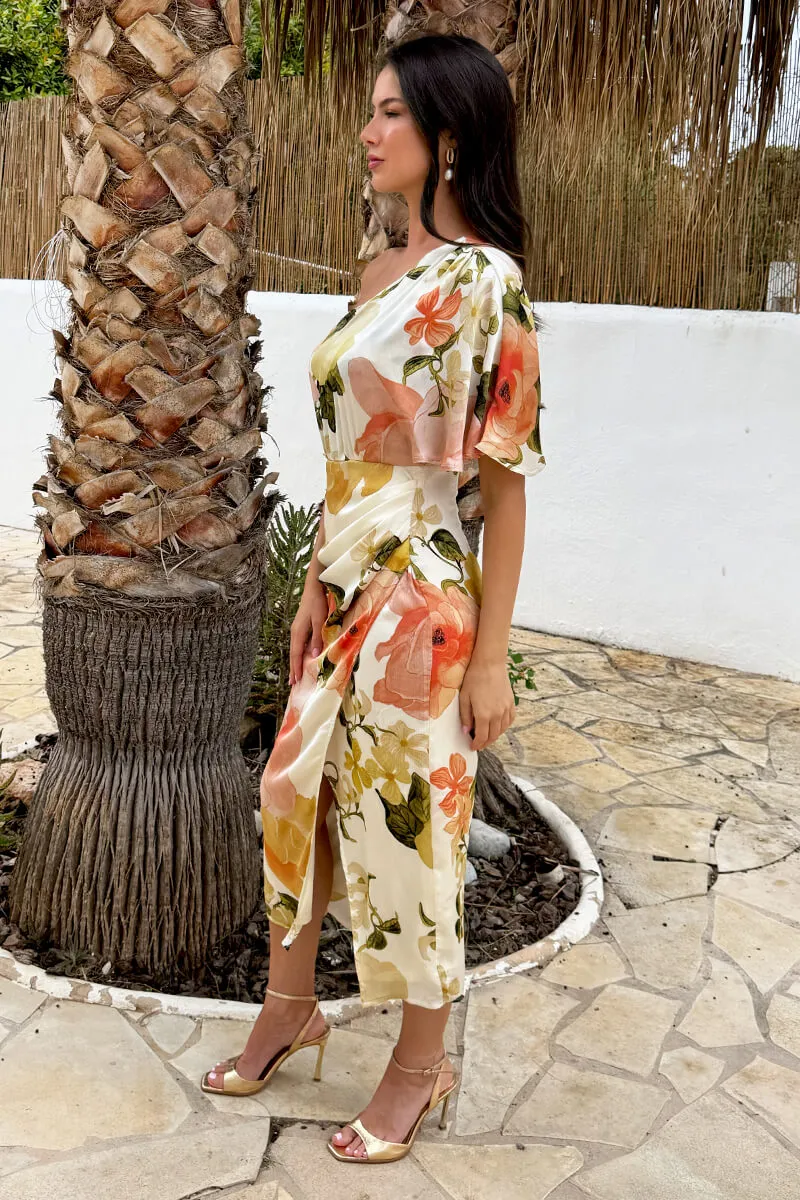 Cream Floral Print One Sleeve Wrap Skirt Midi Dress sold by AX Paris product image thumbnail 4