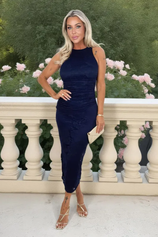 Navy Lace Racer Neck Ruched Waist Midi Dress sold by AX Paris