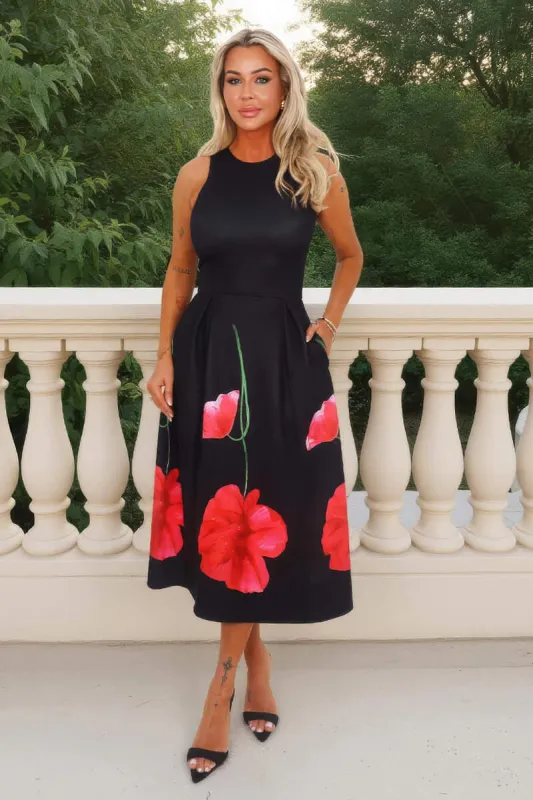 Black Floral Printed Skirt Racer Neck A-Line Midi Dress made by AX Paris