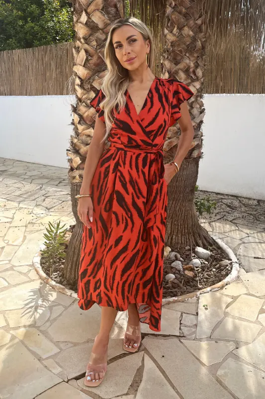 Orange Tiger Print Flutter Sleeve Belted Wrap Midi Dress sold by AX Paris