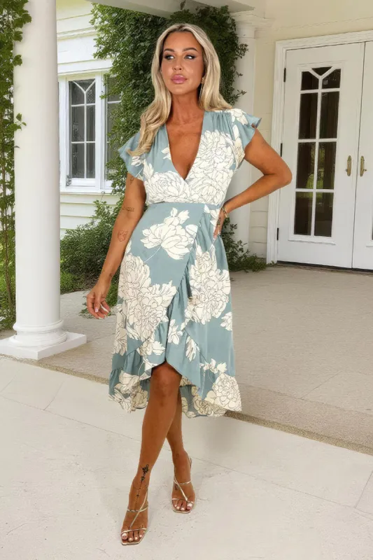 Duck Egg And Cream Floral Print Frill Hem Wrap Midi Dress sold by AX Paris