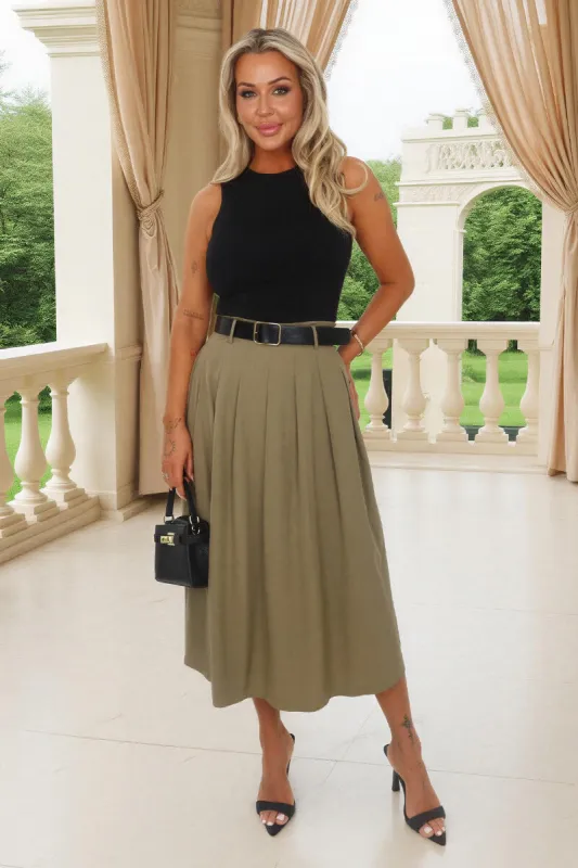 Khaki 2 in 1 Pleated Skirt Belted Midi Dress sold by AX Paris