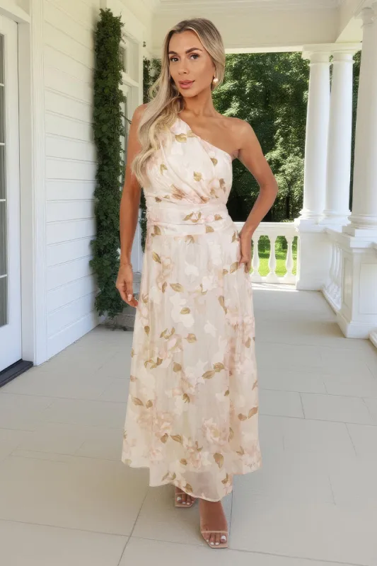 Blush Floral Embroidered Chiffon One Shoulder Midi Dress sold by AX Paris