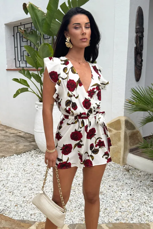 Cream Rose Printed Flutter Sleeve Tie Waist Playsuit sold by AX Paris