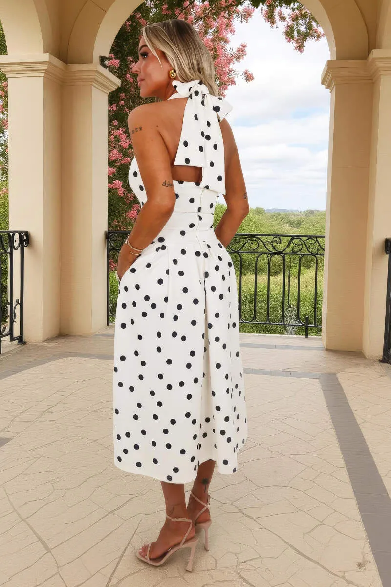Cream And Black Polka Dot Tie Halter Neck Midi Dress sold by AX Paris product image thumbnail 2