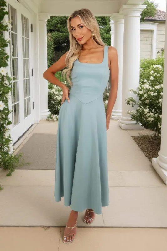 Duck Egg Square Neck A-line Midi Dress made by AX Paris