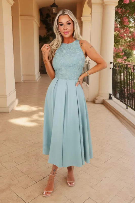 Duck Egg Embroidered Top Overlay A-Line Skirt Midi Dress made by AX Paris