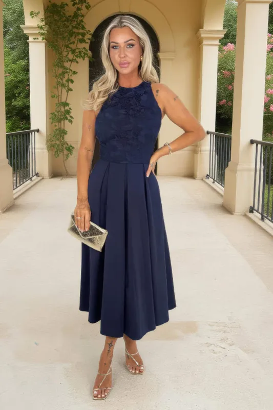 Navy Embroidered Top Overlay A-Line Skirt Midi Dress made by AX Paris