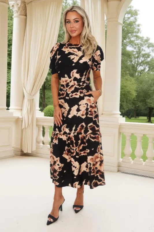 Black Abstract Print Puff Sleeve Smock Midi Dress sold by AX Paris