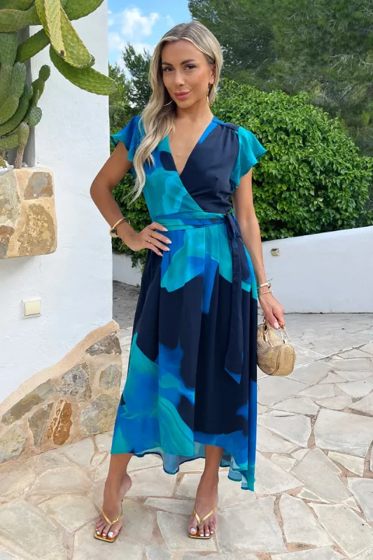 Navy Bold Floral Print Flutter Sleeve Belted Wrap Midi Dress sold by AX Paris