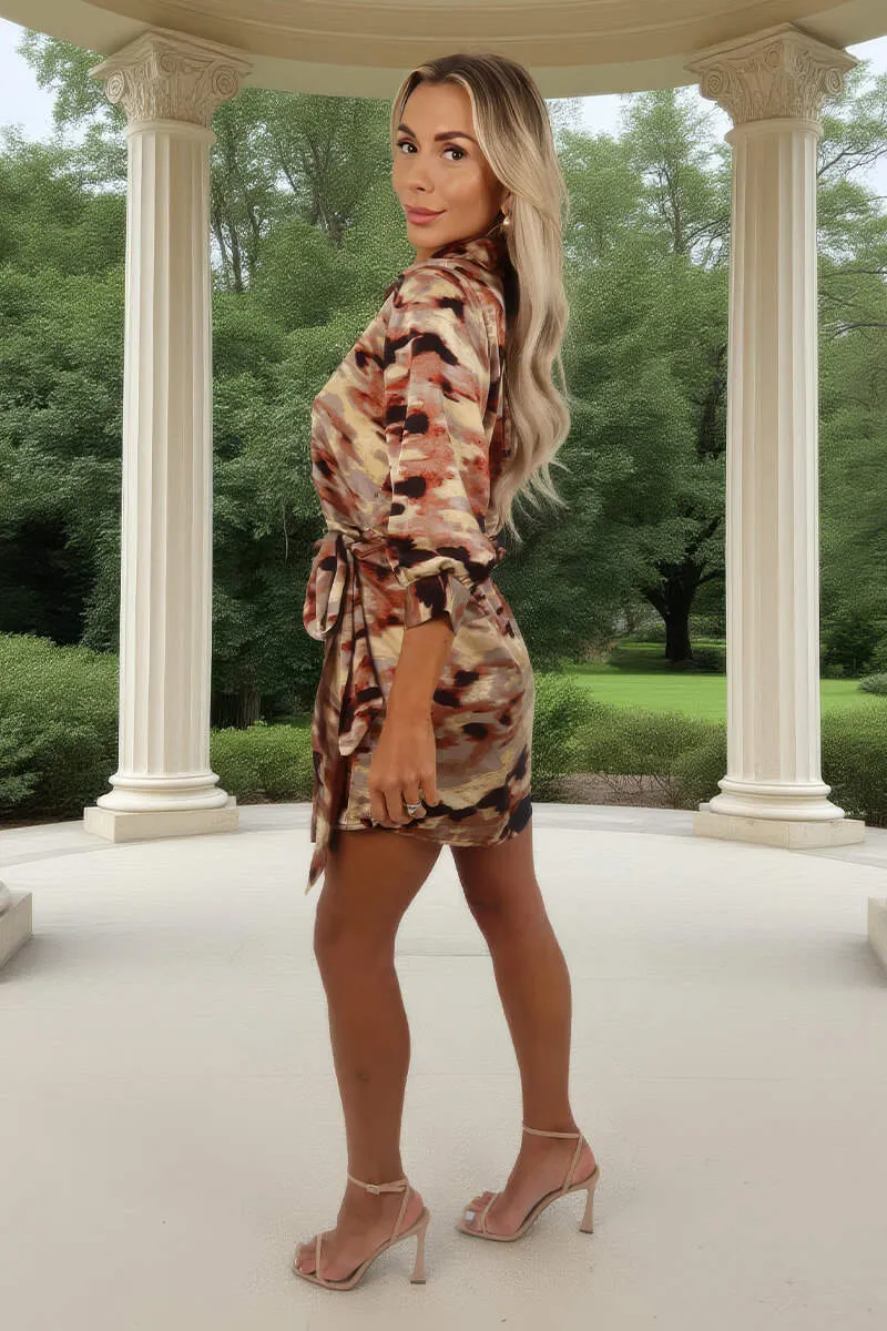 Brown Smudge Print Tie Waist Wrap Shirt Mini Dress sold by AX Paris product image thumbnail 4