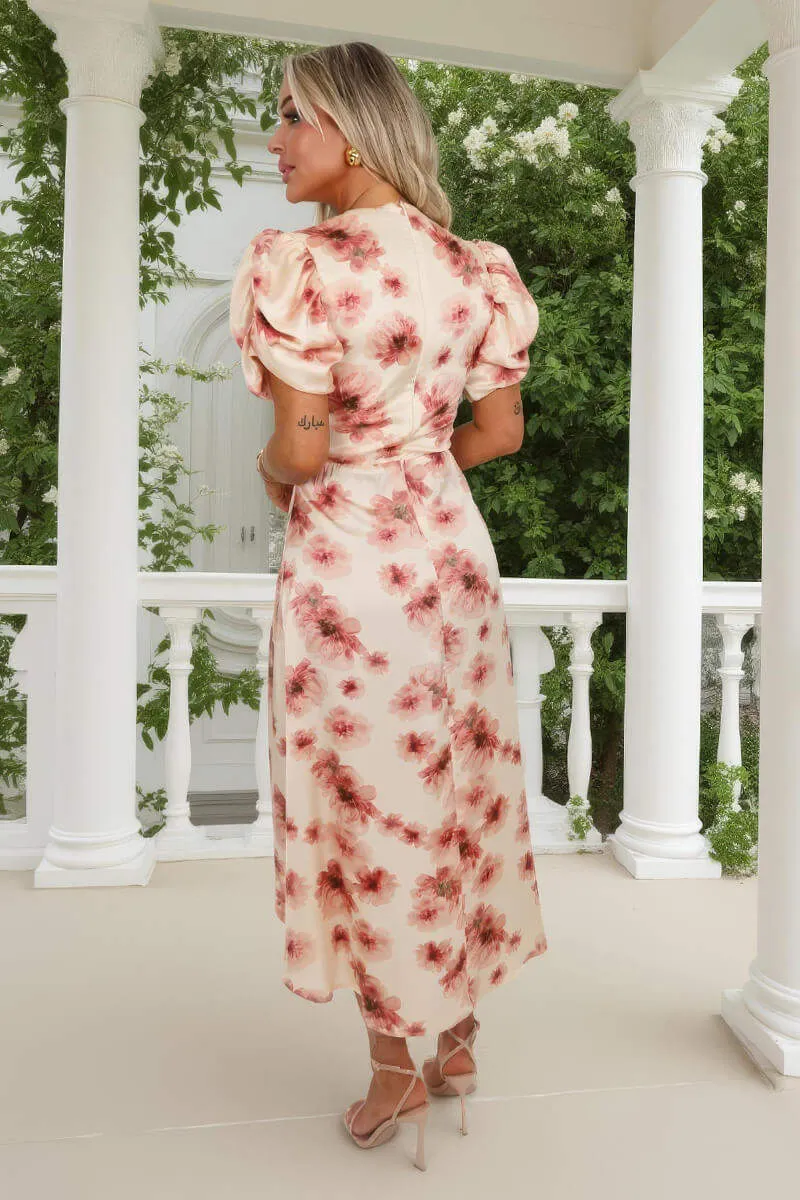 Blush Floral Print Puff Sleeve Gathered Side Midi Dress sold by AX Paris product image thumbnail 5