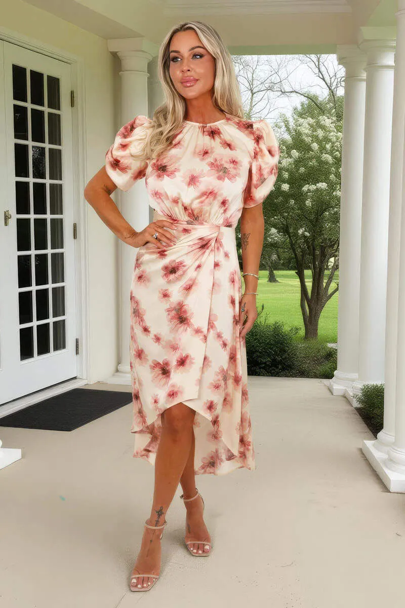 Blush Floral Print Puff Sleeve Gathered Side Midi Dress sold by AX Paris product image thumbnail 3